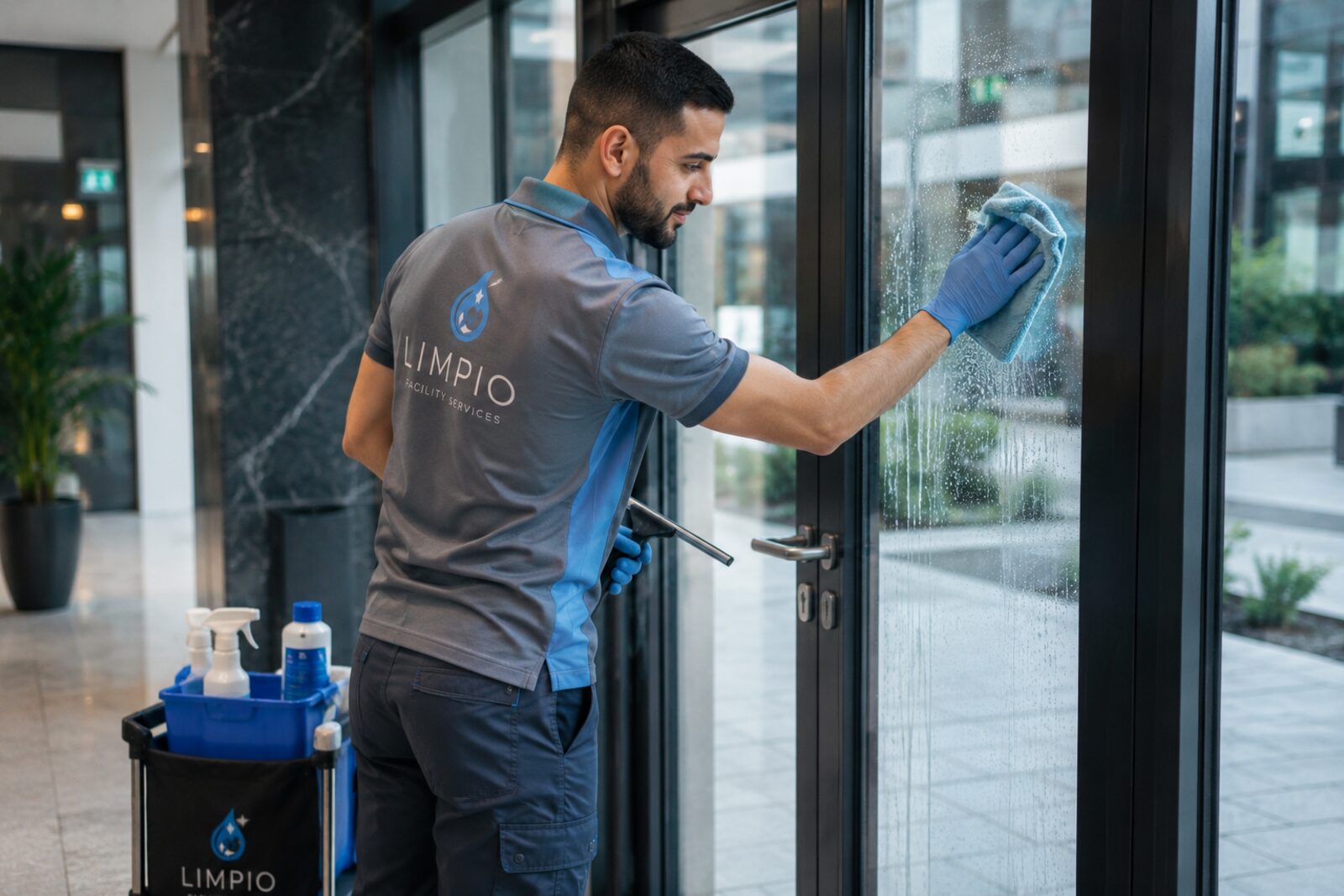 LIMPIO Mitarbeiter bei der Glas- und Fassadenreinigung eines Geschäftsgebäudes in Hamburg