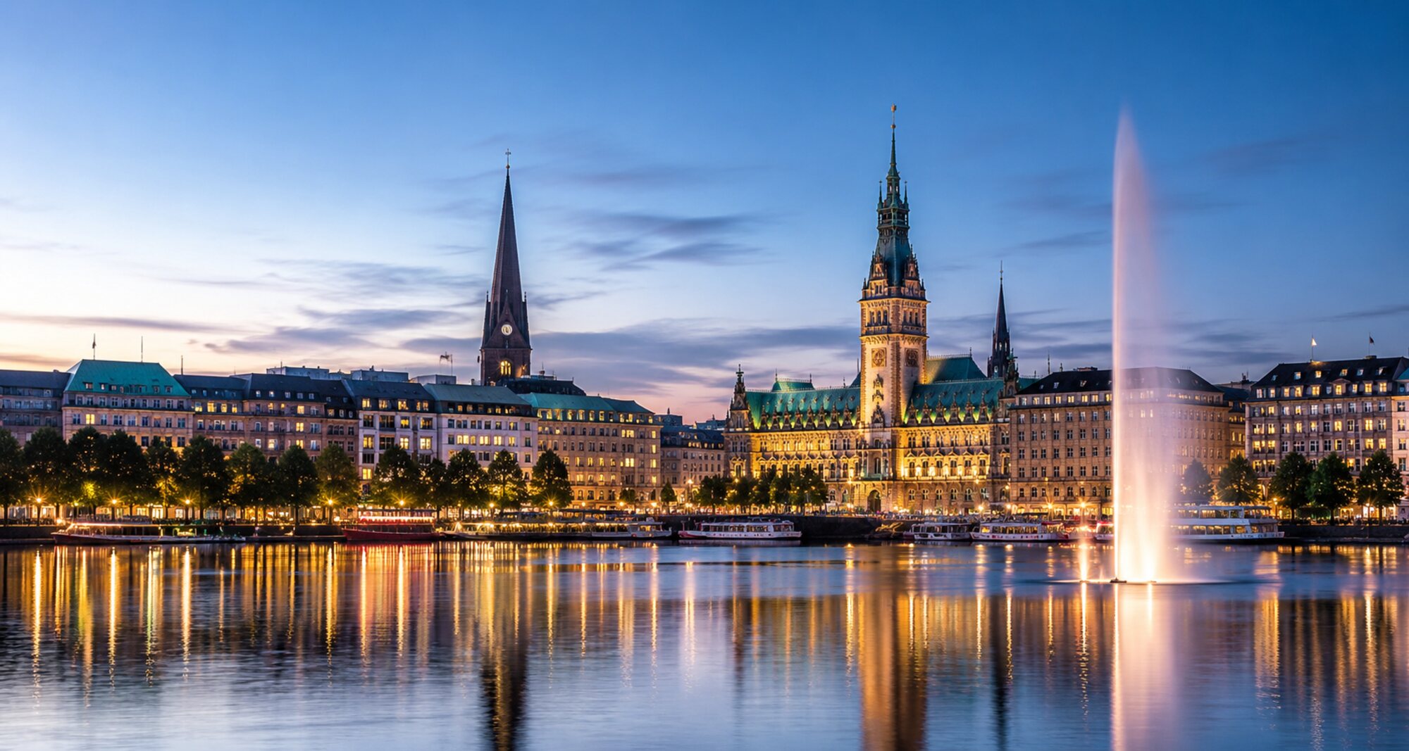 Hamburger Binnenalster mit Rathaus in der Abenddämmerung – LIMPIO Gebäudereinigung und Facility Services in Hamburg