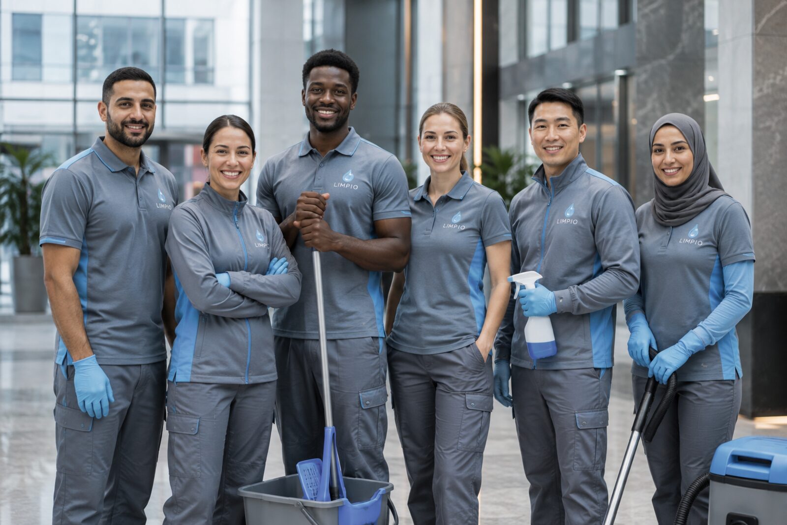 Symbolbild (KI-generiert): LIMPIO Facility Services Team in einheitlicher Arbeitskleidung