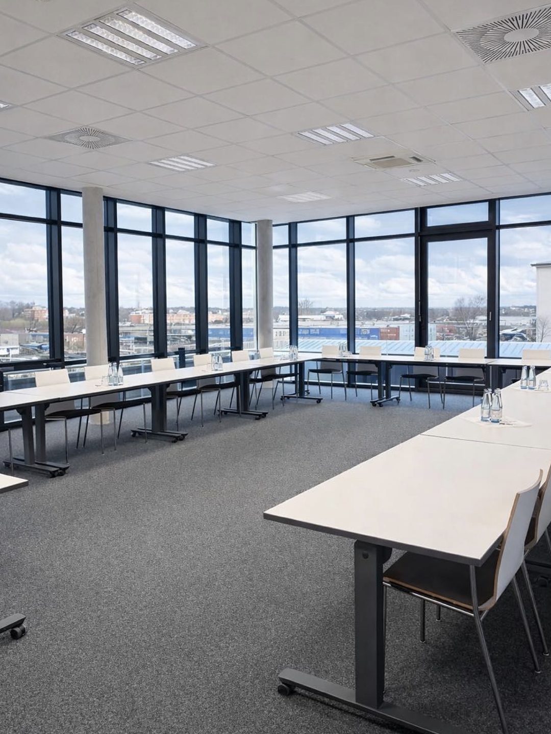 Großer Konferenzraum mit weißen Tischen in U-Form und Fensterfront