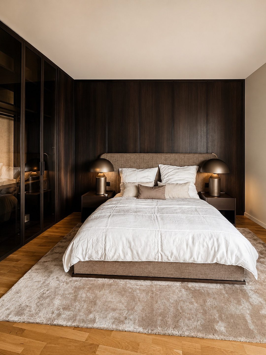 Elegantes Schlafzimmer mit gemachtem Bett in dunklen Farbtönen