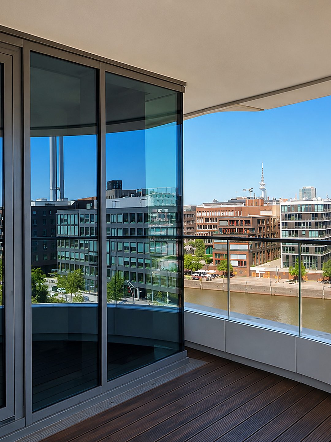 Geschwungener Balkon mit Blick auf den Hafen